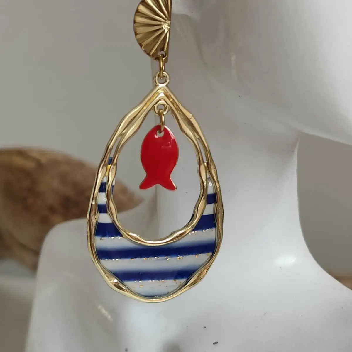 Boucles d'oreilles marinière poisssons rouges