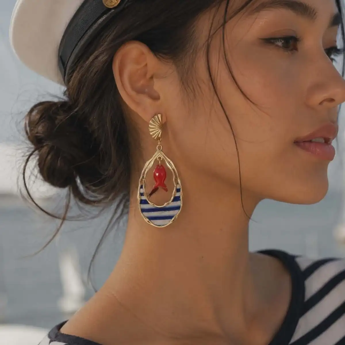 Boucles d'oreilles marinière poisssons rouges